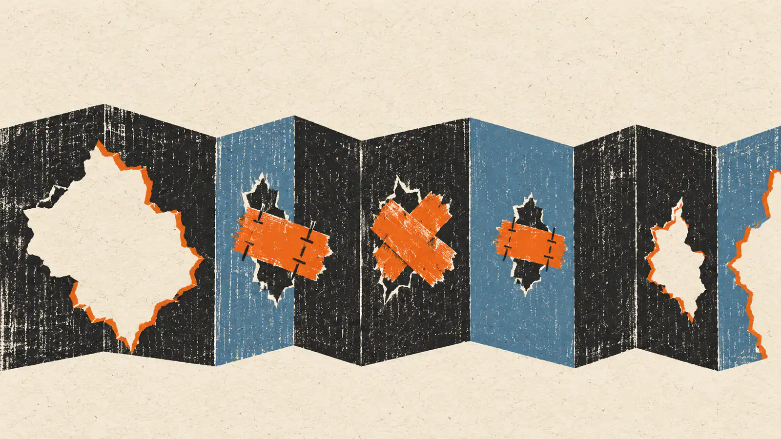 A flat woodcut accordion strip representing an AI lifecycle has rough threat-shaped holes, several patched and two deliberately left uncovered.