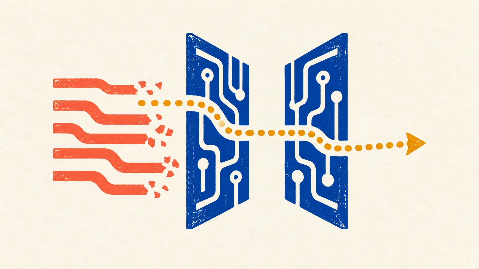 Conceptual flat AI linocut: coral circuit paths are cut away before a blue open gate while one amber dotted residual path continues through.