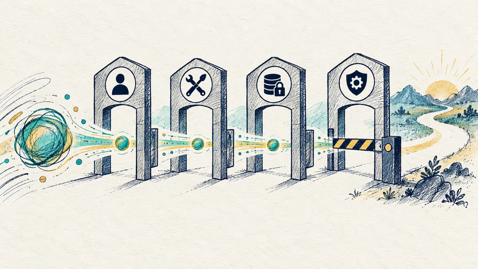 A hand-drawn technical field guide shows an agent passing through identity, tool, memory and physical-action checkpoints.