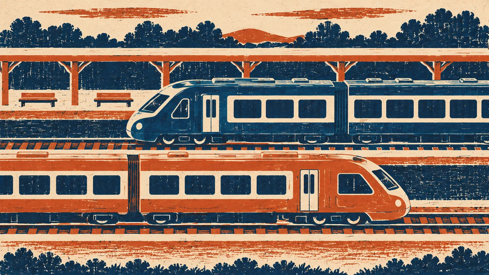 Conceptual AI illustration of two trains passing in opposite directions beside a platform, rendered as a flat block print.