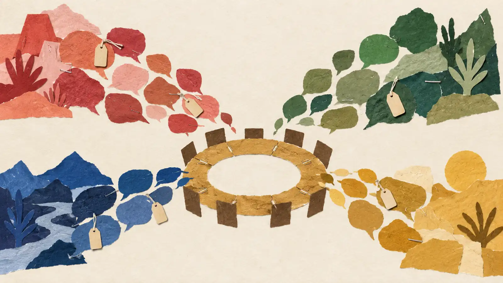 A flat paper collage shows coloured speech fragments carrying tags toward an open stewardship table.