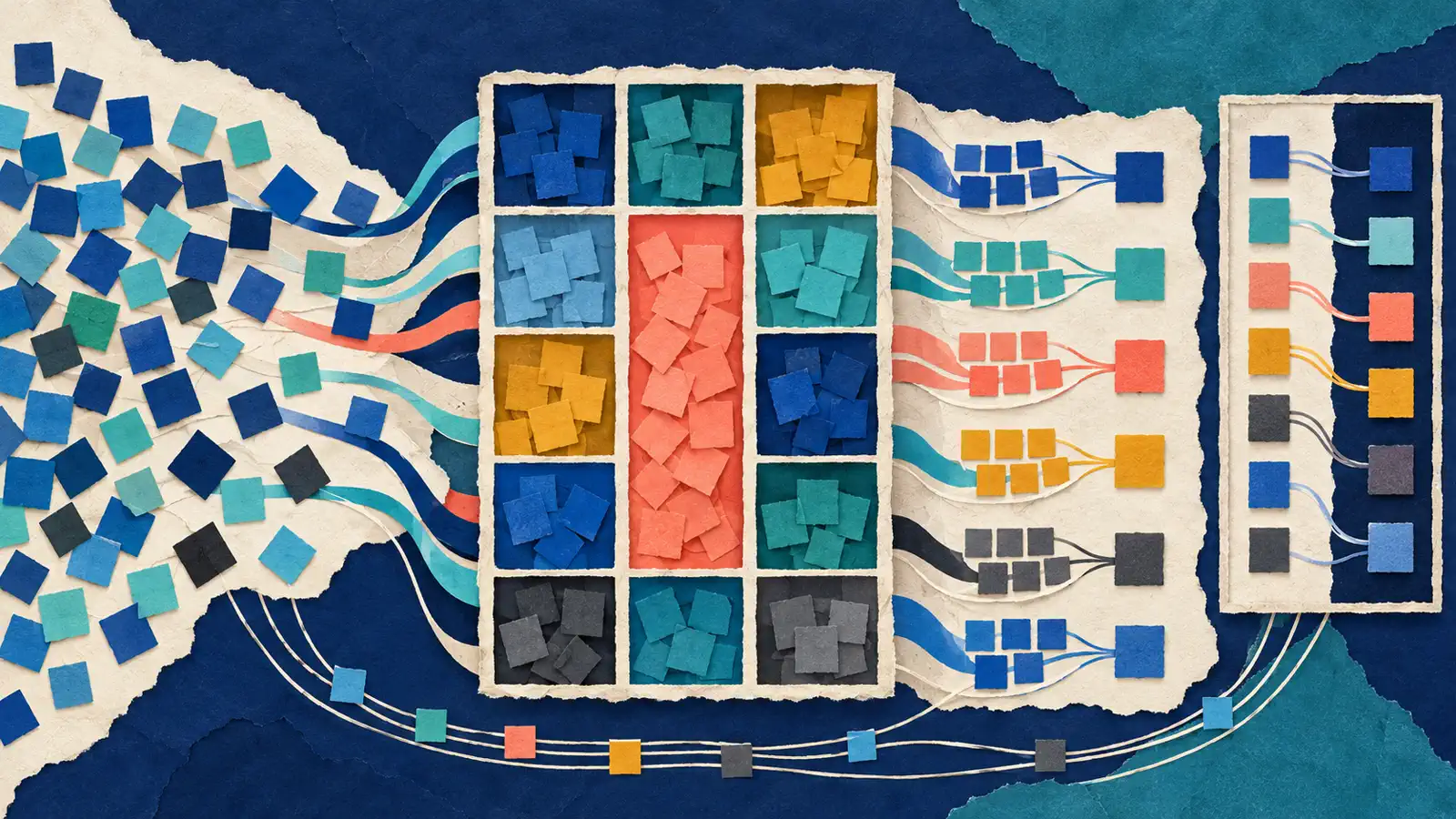Conceptual flat AI collage of scattered skill tiles entering a new category grid while duplicate tiles merge and audit trails preserve the old-to-new mapping.