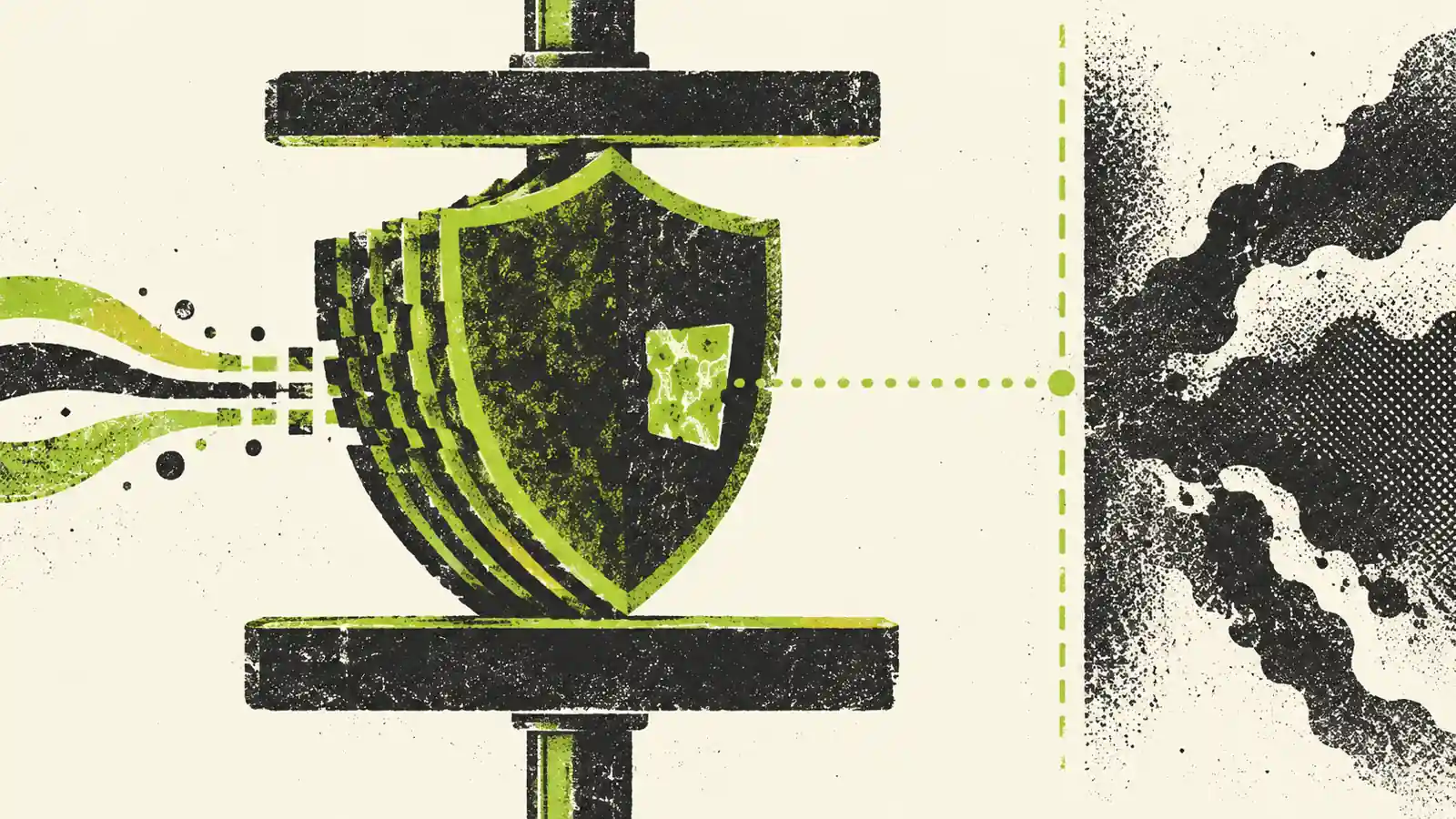 A rough green-and-black screenprint compresses a layered shield beside a dotted test boundary.