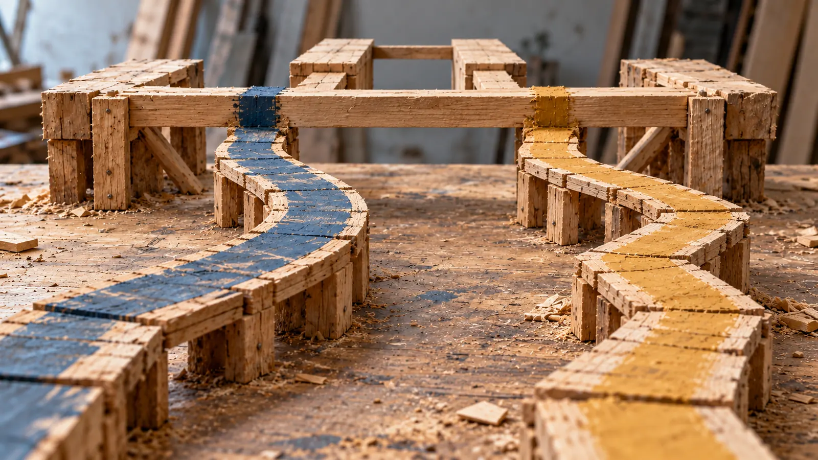 Conceptual AI illustration of two rough timber paths meeting one crossbar, with an unfinished span beyond their shared comparison boundary.