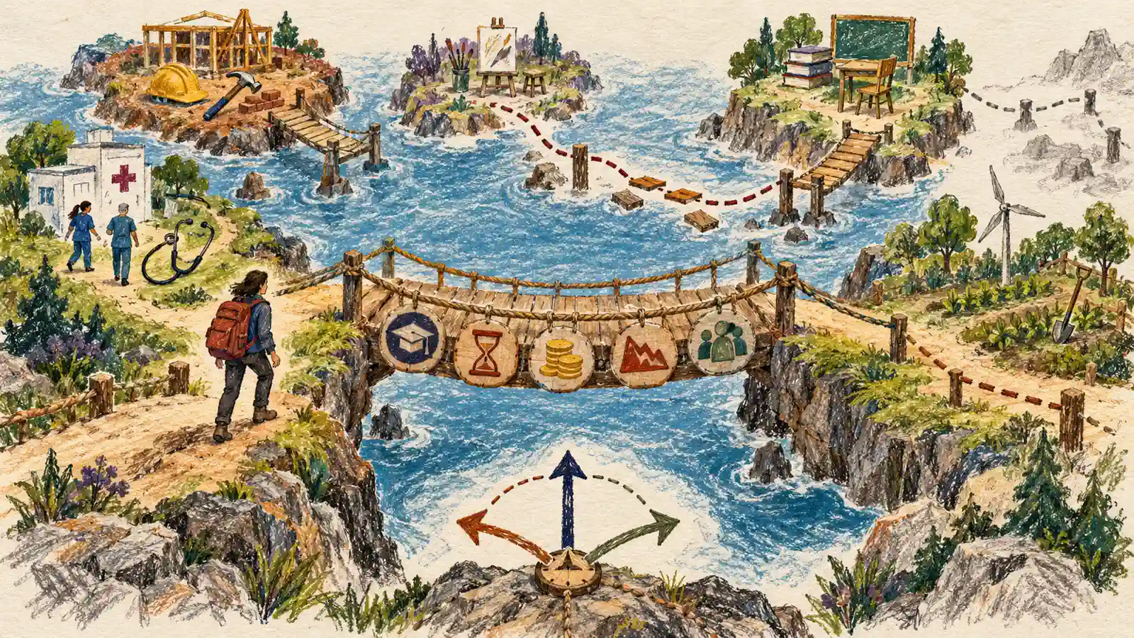 A hand-drawn route map shows workers moving between occupation islands across bridges labelled only by visual symbols for time, cost, prerequisites and employer recognition.