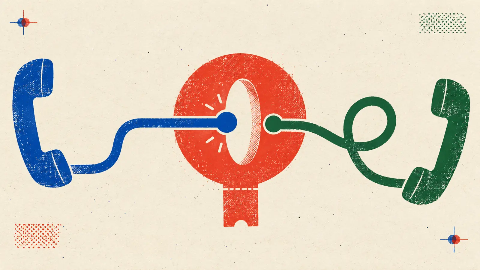 A flat printed telephone line passes through a clearly marked human checkpoint before returning to an agent loop.