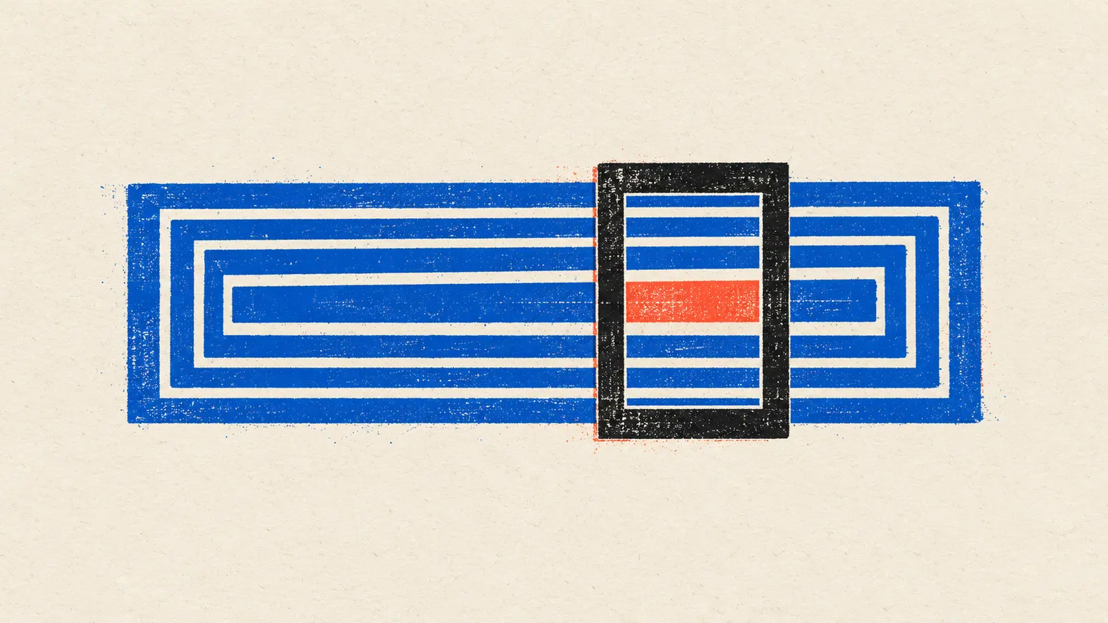 Conceptual flat AI screenprint: a black calibration frame crosses nested blue monitoring windows and reveals one coral blind strip.