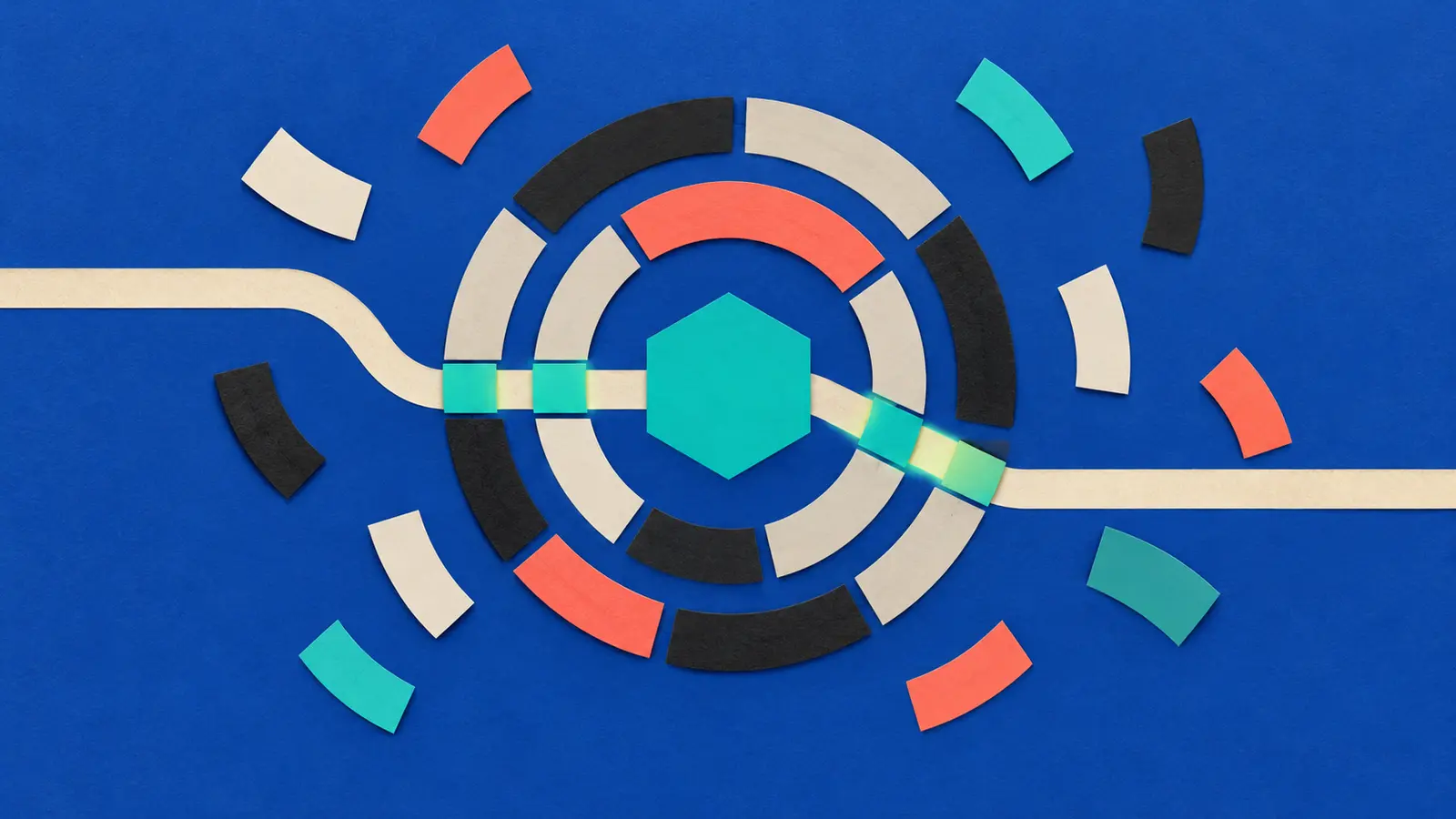 Conceptual flat AI collage: a teal hexagonal agent token sits inside three broken permission rings while a narrow task path activates only a few segments.