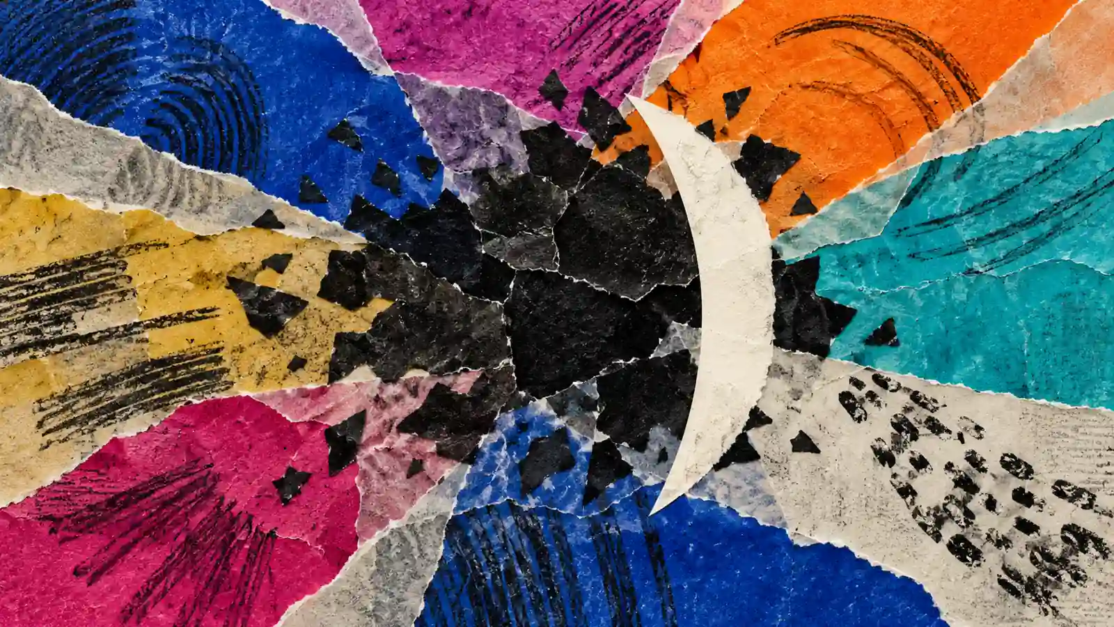 A flat torn-paper collage links identity, email and cloud telemetry fields, with one clean cut representing a containment decision.