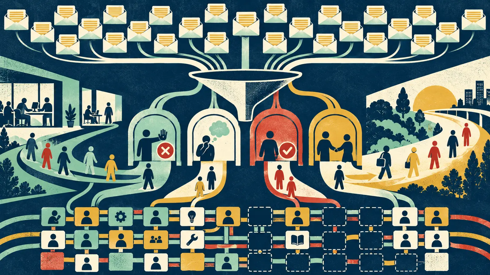 Conceptual flat-print AI illustration of invitation envelopes flowing into separate choice chambers, return paths, supported exits and a capability coverage weave.