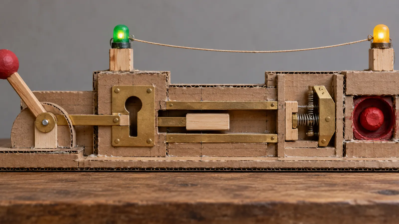 A handmade cardboard and brass lever passes through a keyed gate, timing channel and spring barrier before a recessed red hazard core.
