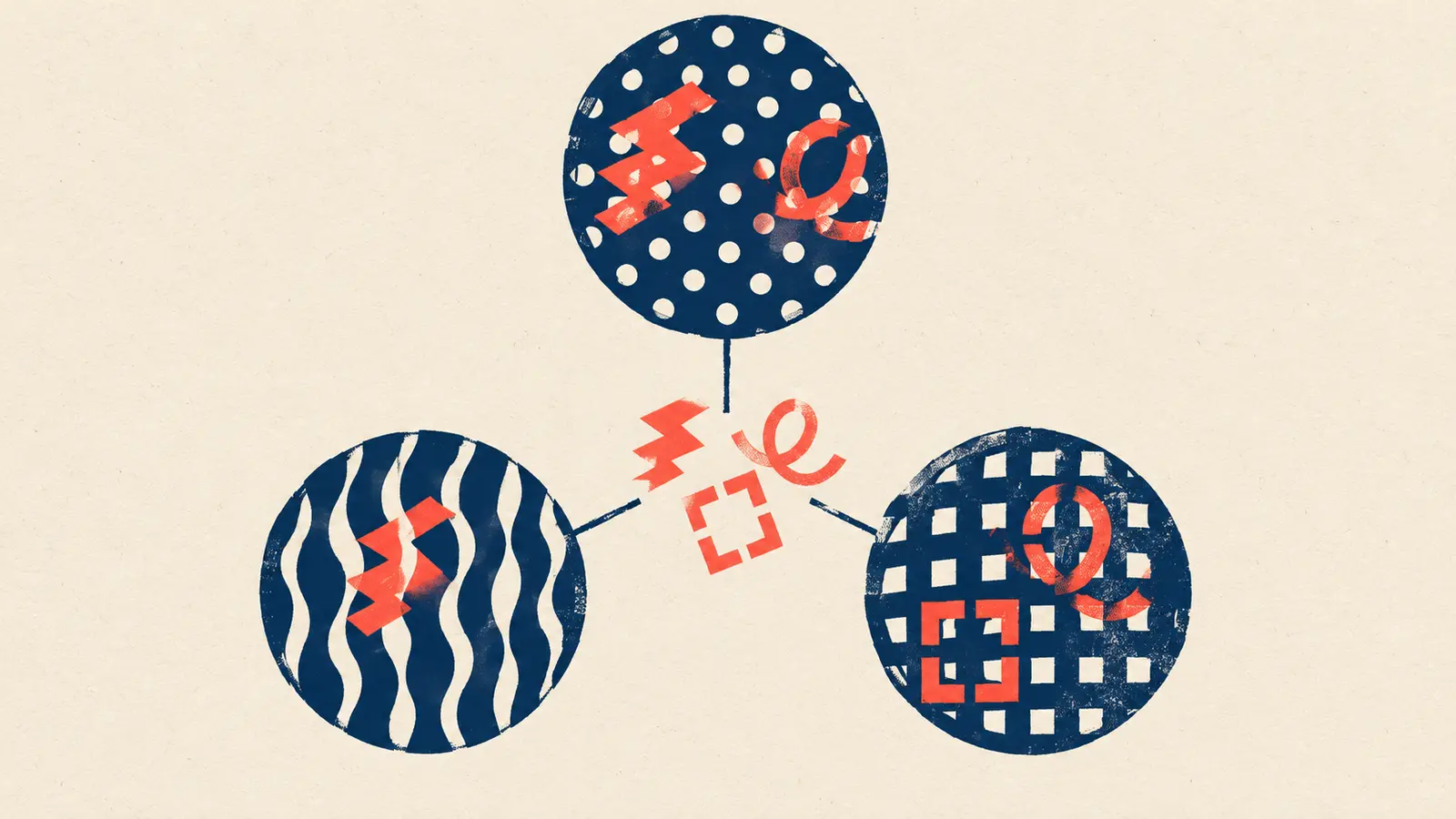 Conceptual flat AI screenprint: three circular monitor windows reveal different subsets of three coral behavior marks arranged in a radial constellation.