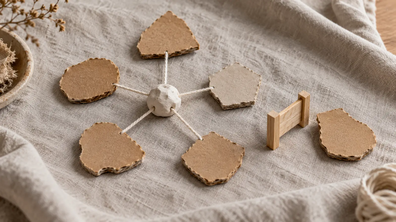 Conceptual physical AI maquette: five torn cardboard concept pieces connect by cotton threads to one clay joint, while a duplicate piece waits beside a blank wooden gate.