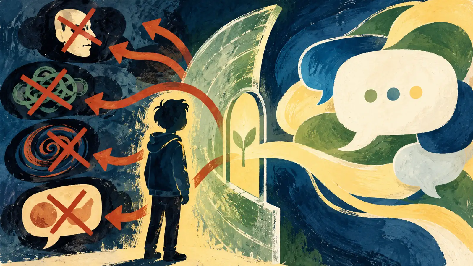 Conceptual hand-drawn AI illustration of a young-person silhouette behind a protective interaction gate while unsafe conversational paths are diverted and an ordinary path remains open.