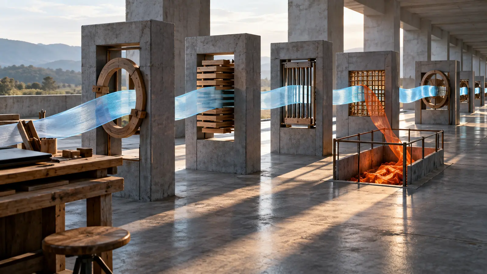 A full-scale conceptual corridor carries one pale blue authority ribbon through several physical checkpoints while a broken orange handoff falls into quarantine.