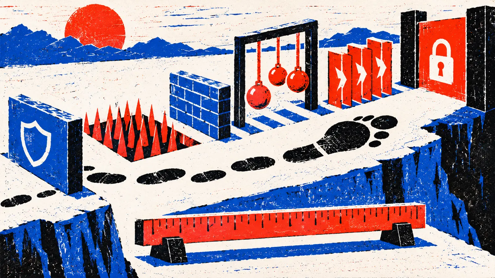 A rough blue, red and black linocut shows model footprints crossing several cyber obstacles but stopping before a final locked gate.