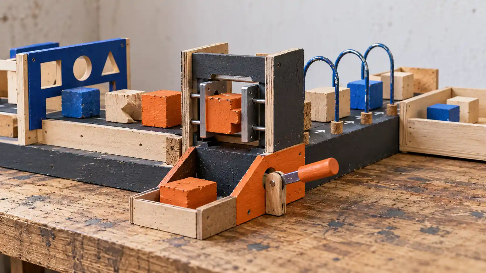 A handmade testing jig sends rough task blocks through API slots, hardware gates, smoke-test hoops and a rollback lever.