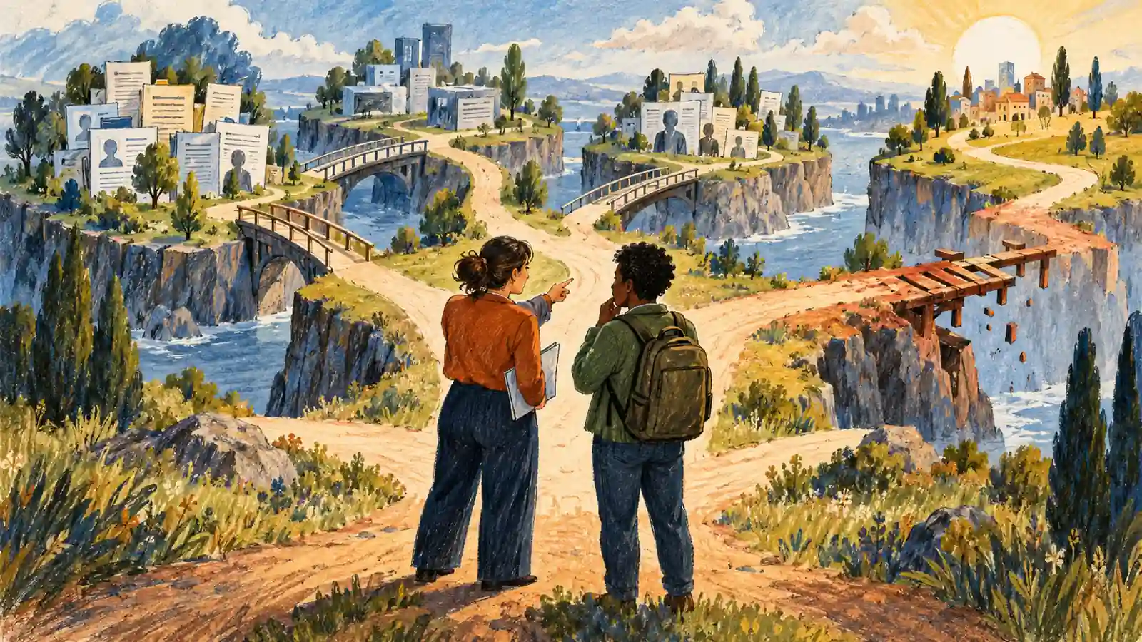A hand-drawn landscape shows two travellers facing separated data islands, several labelled-looking but unreadable service paths and one unfinished bridge.