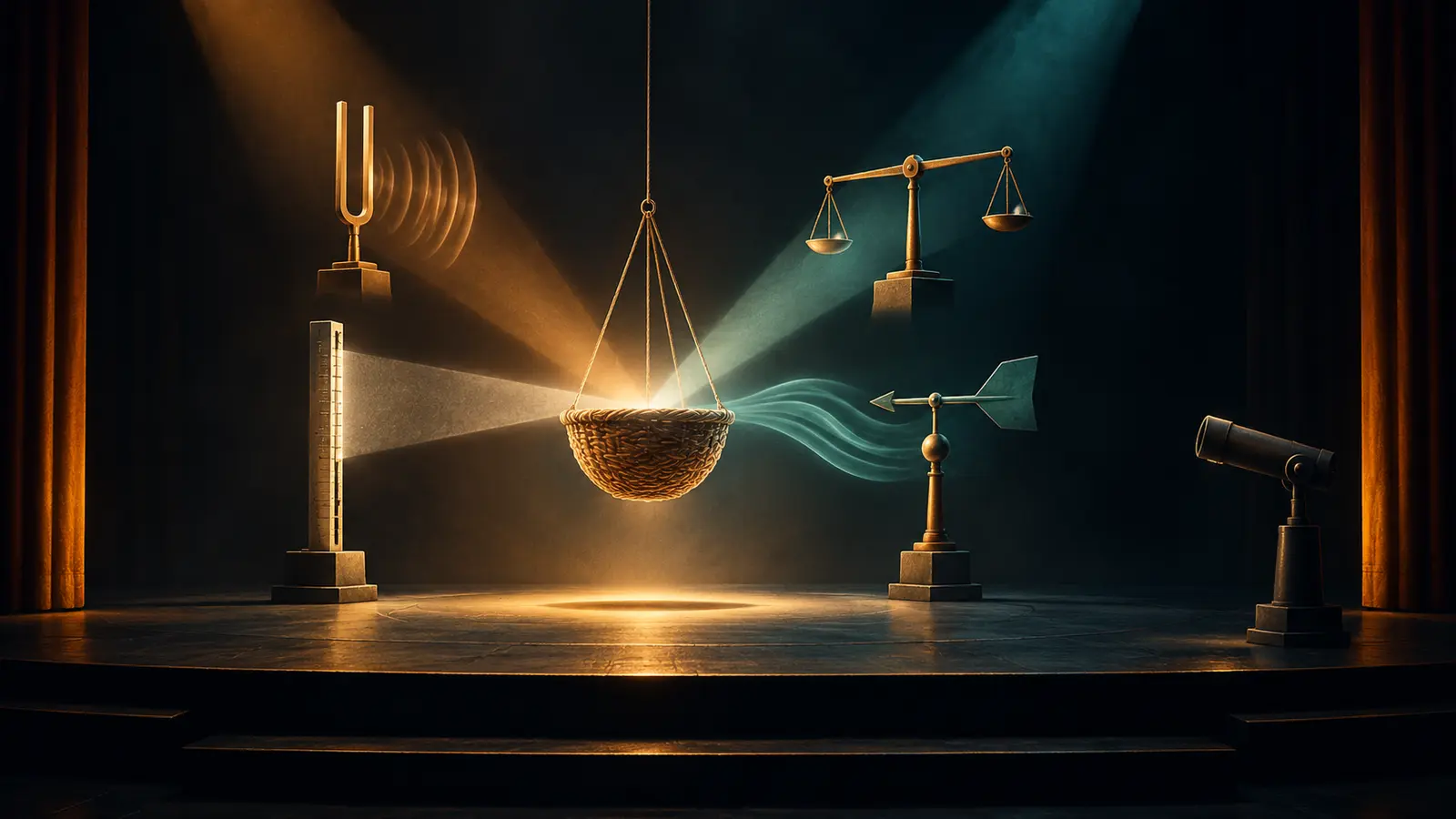 Conceptual staged AI illustration: a tuning fork, plumb line, weather vane, balance scale and telescope surround a suspended woven basket amid overlapping light and wave motifs.