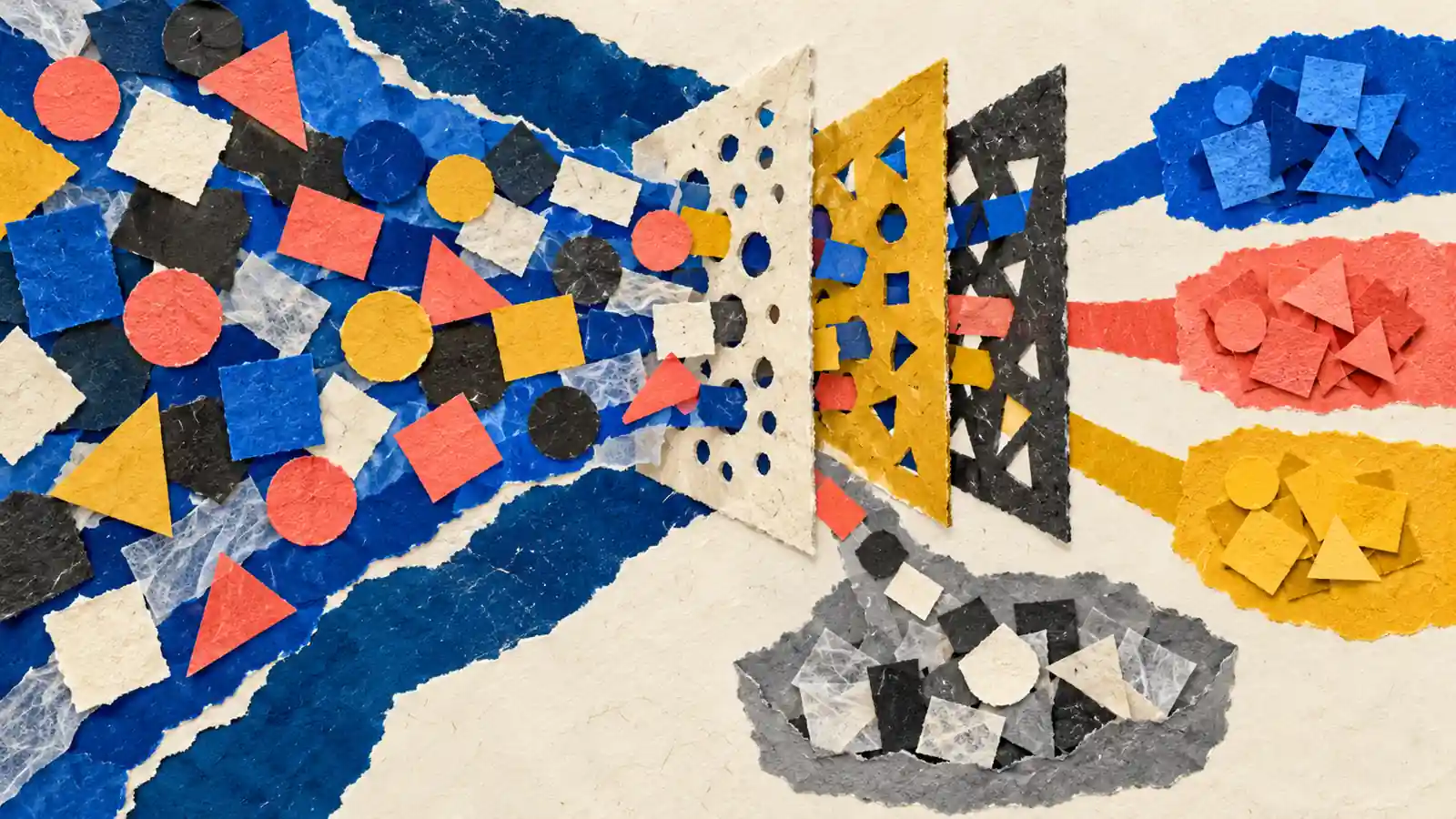 A flat torn-paper collage routes blank notice tokens through a triage sieve into evidence, investigation and closure paths.