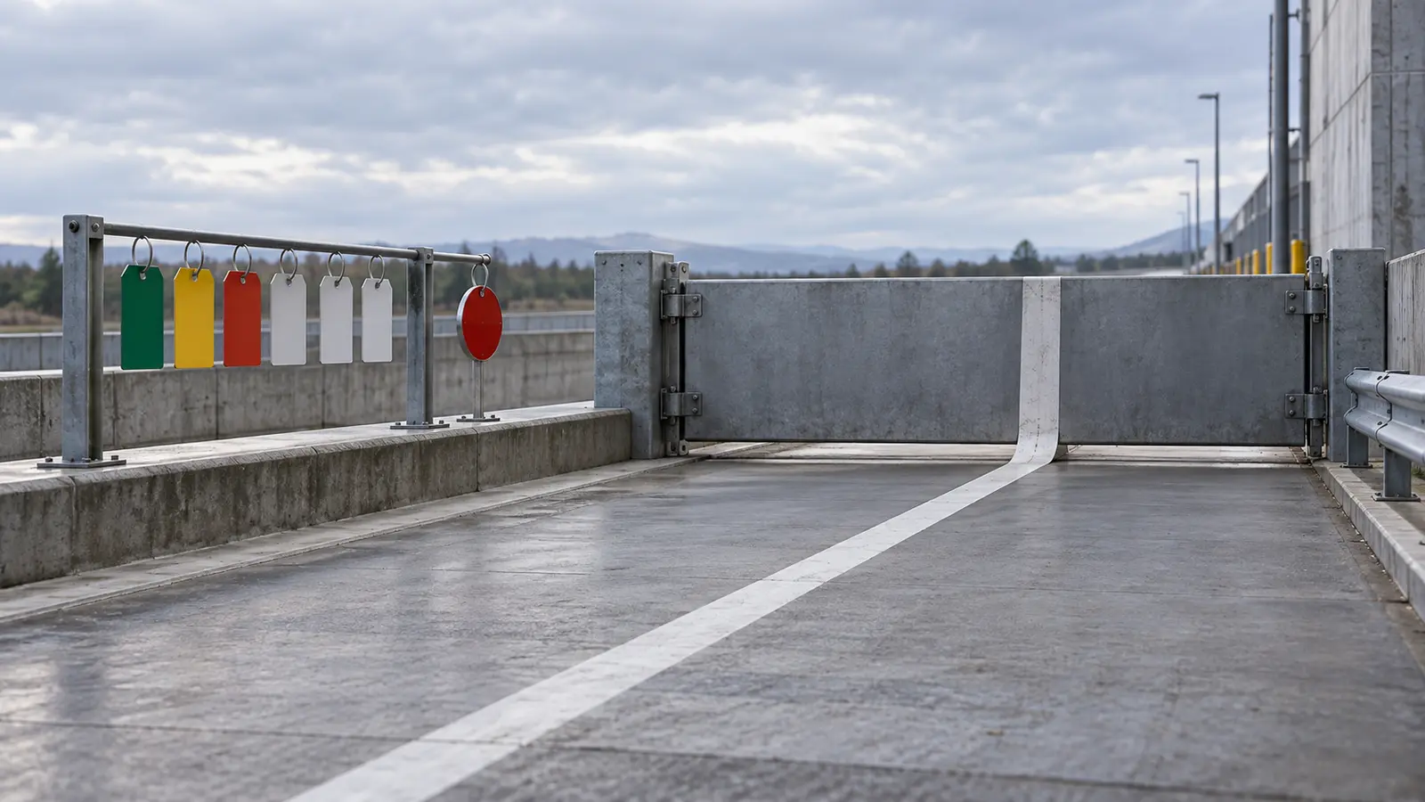 A full-scale industrial testing bay shows a large neutral machine stopped behind an open red release gate, with physical evidence tags and a clearly lit return lane to the test area.
