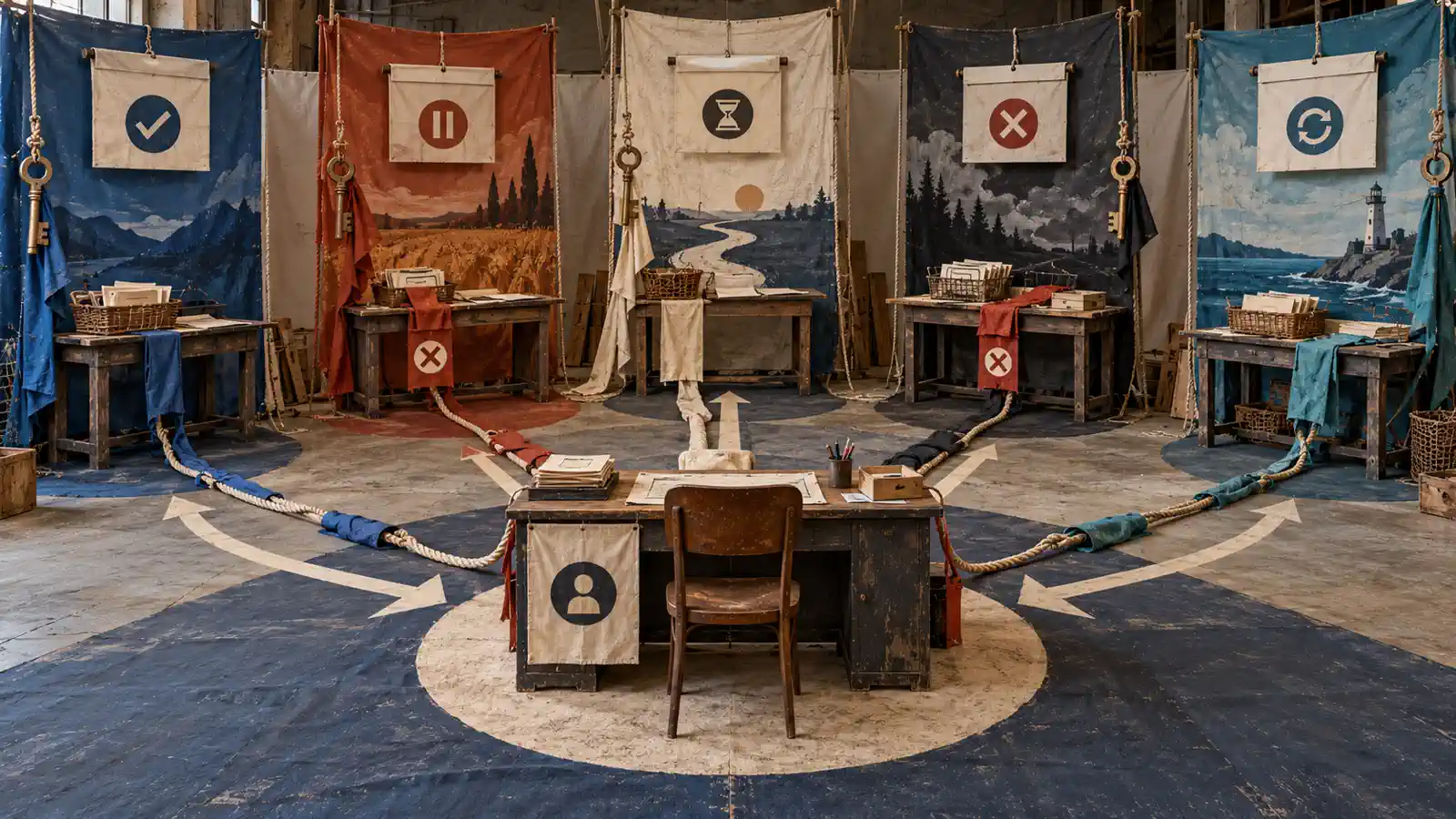 A full-scale conceptual operations room shows a central delegation desk connecting five distinct work stations, each with a visible key tether, approval gate and return path.