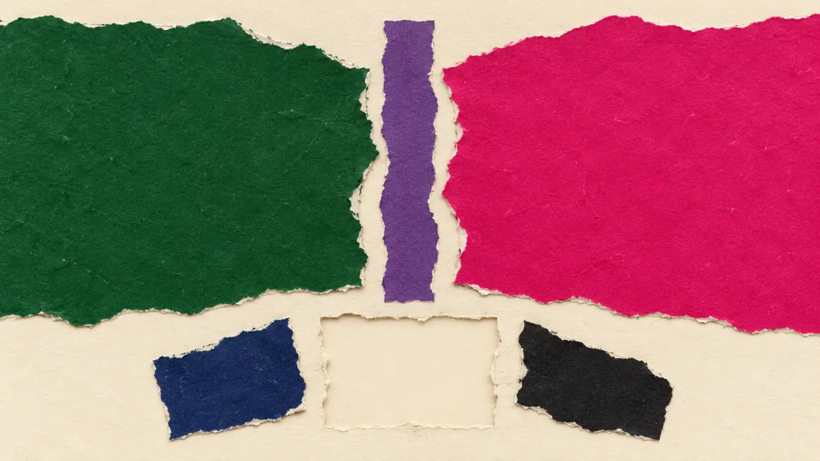 Two torn paper fields stop at a narrow purple channel above three unjoined evidence fragments.