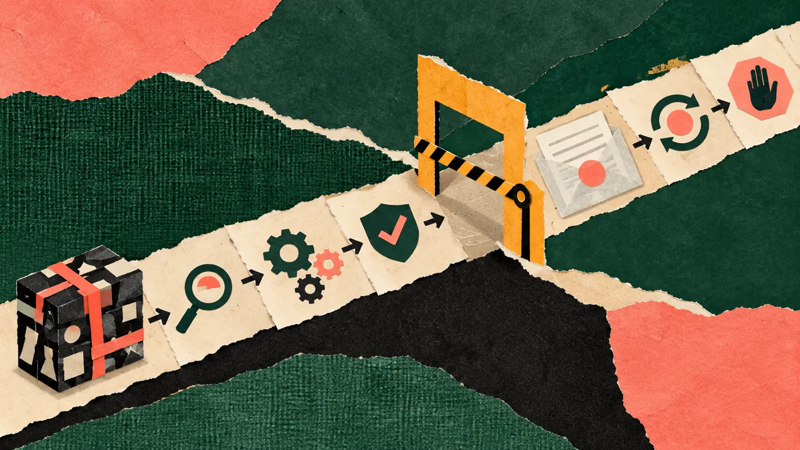 A flat torn-paper path carries an abstract AI package through inspection and control checkpoints before an amber procurement gate.