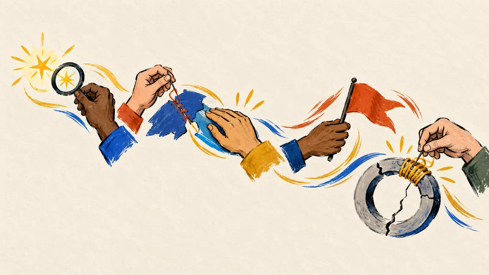 Conceptual hand-drawn AI illustration: five different hands inspect a spark, sew and test a patch, pass a warning flag and bind a cracked ring.