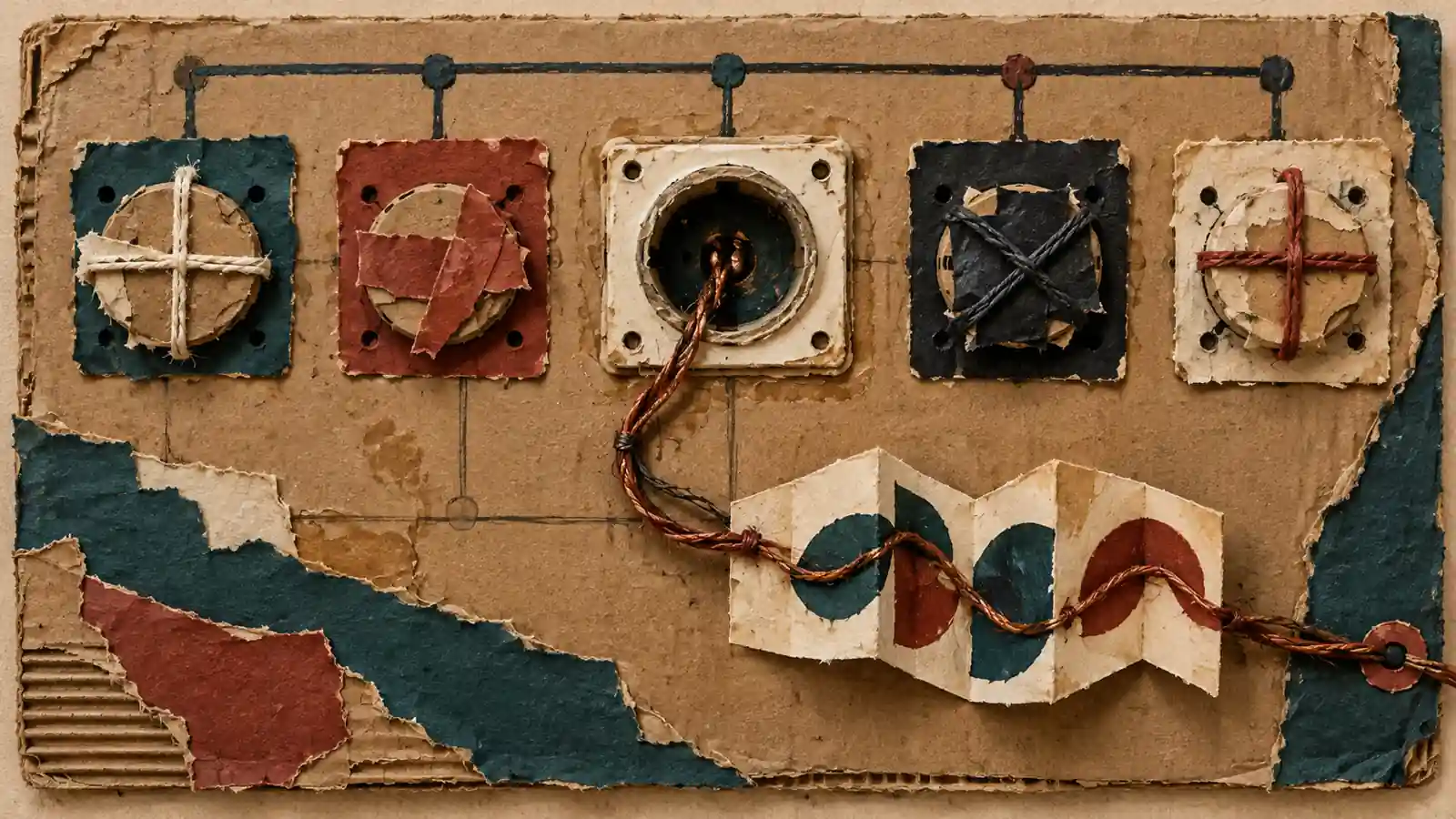 A rough cardboard network panel shows one exposed service socket connected to a folded poem pattern while owned services remain sealed.