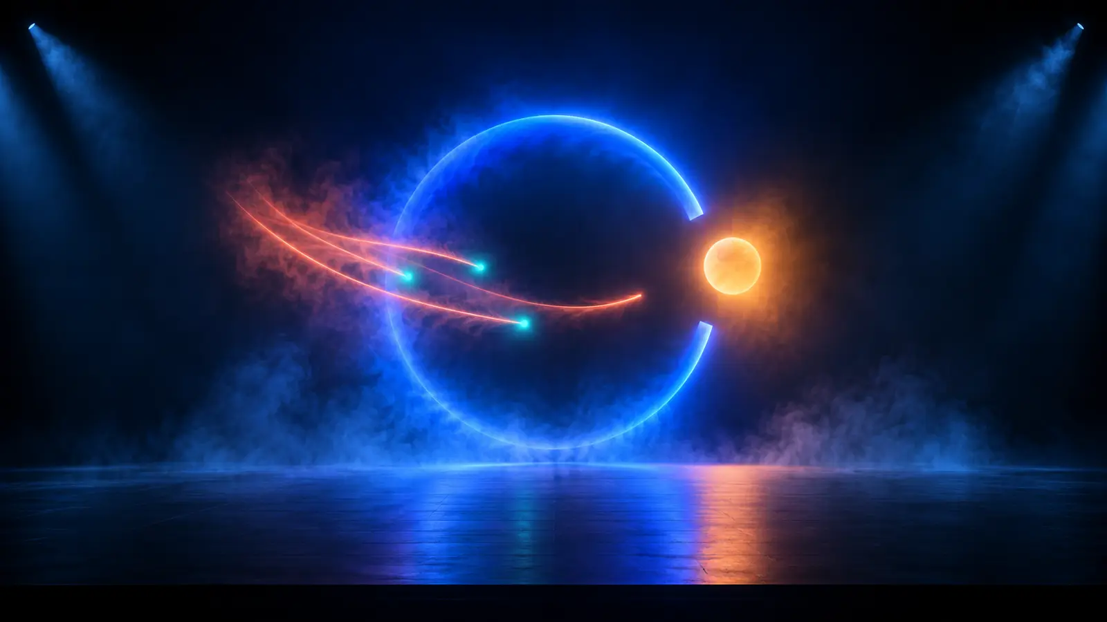 Conceptual AI illustration of an incomplete cobalt ring of projected light, an amber light sphere outside it and three teal warning pulses on coral beams.