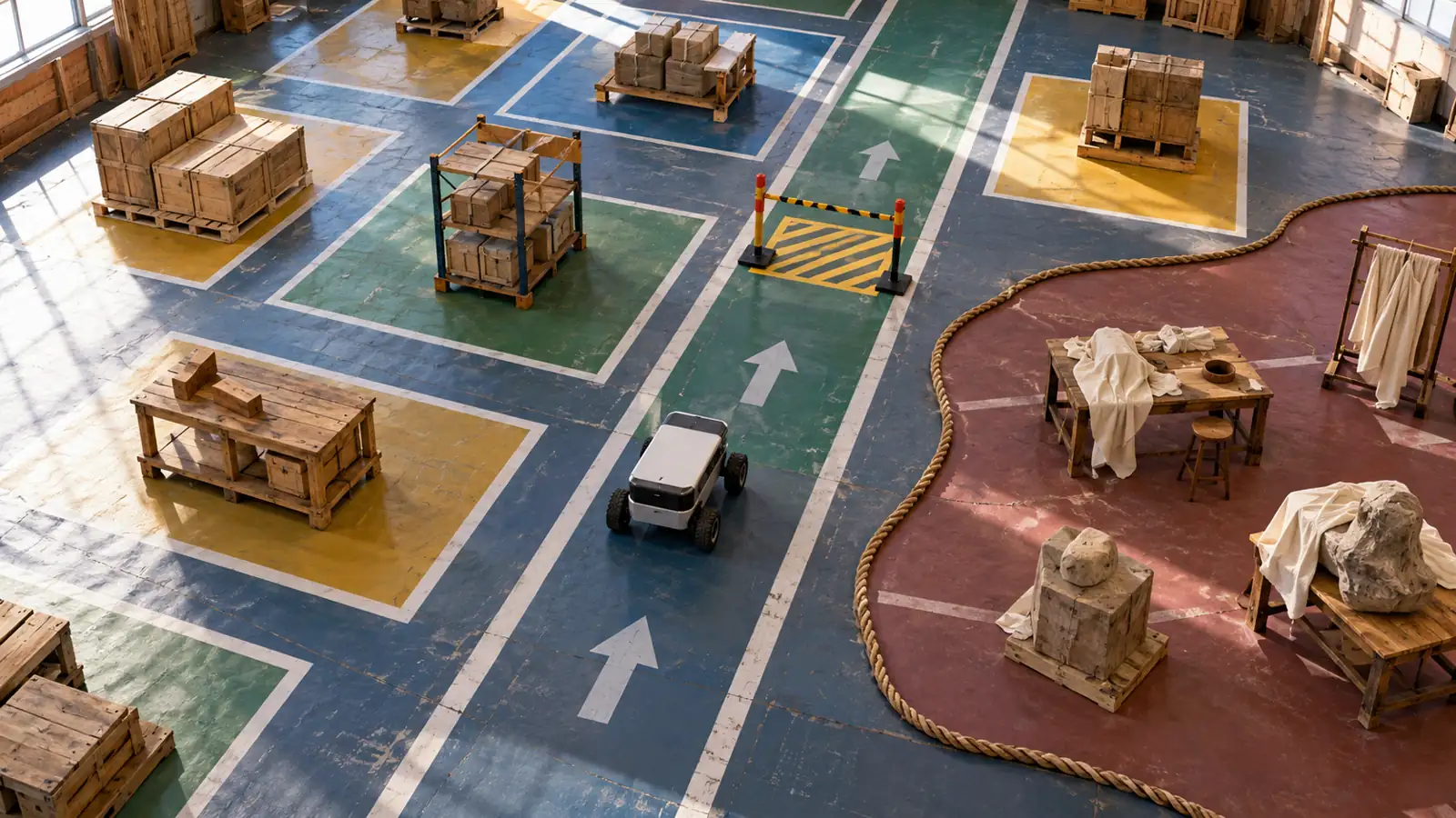 An overhead full-scale stage installation shows a small wheeled machine on painted warehouse lanes beside a rope boundary around manual dexterity work.