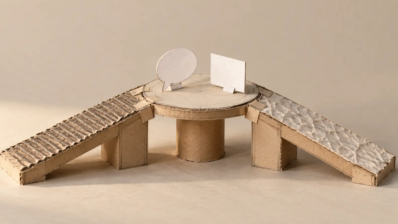 Conceptual raw-cardboard AI maquette: two equal ramps lead to one circular platform, one with a blank speech-bubble token and one with a blank card.