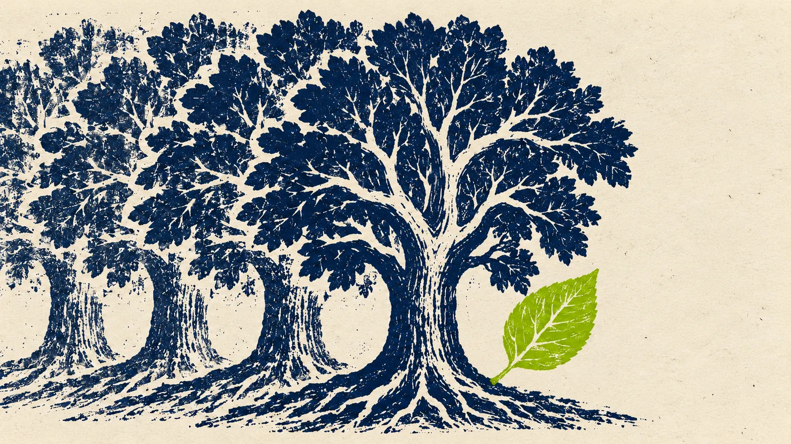 Conceptual AI linocut illustration contrasts repeated whole-tree impressions with one detached leaf.