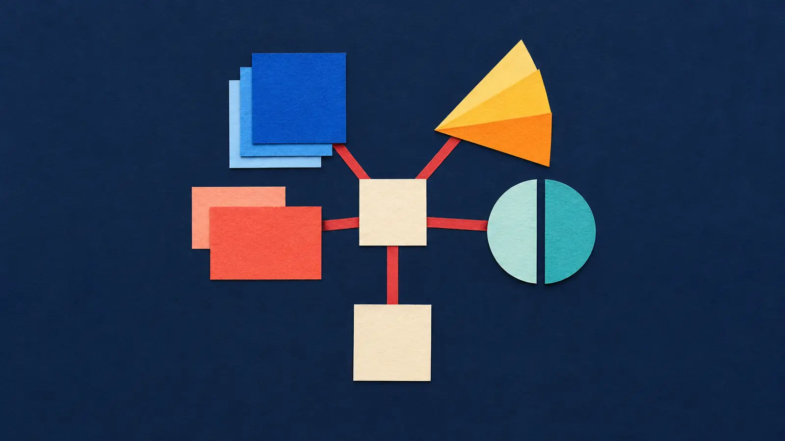 Conceptual AI illustration of four abstract flat cut-paper evidence tiles linked to a central owner square and an empty review tab.