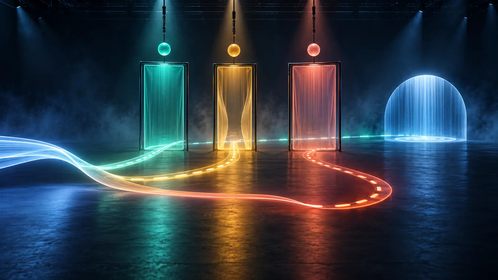 Conceptual full-scale AI stage installation with three permission gates, luminous tool-call paths, identity markers and one path diverted before a protected resource.
