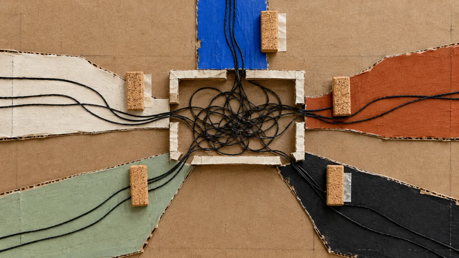 A rough cardboard task map sends hidden black-thread routes into one open inventory frame with removable cork gates.