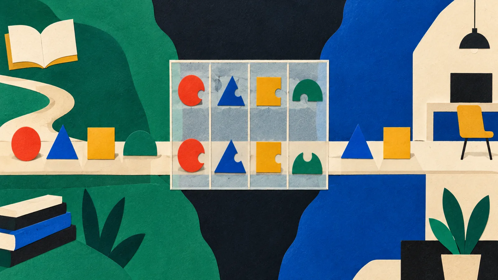 A flat cut-paper bridge carries a symbolic set of varied learning shapes toward a separate workplace decision test, with several shapes paused at an evidence checkpoint.