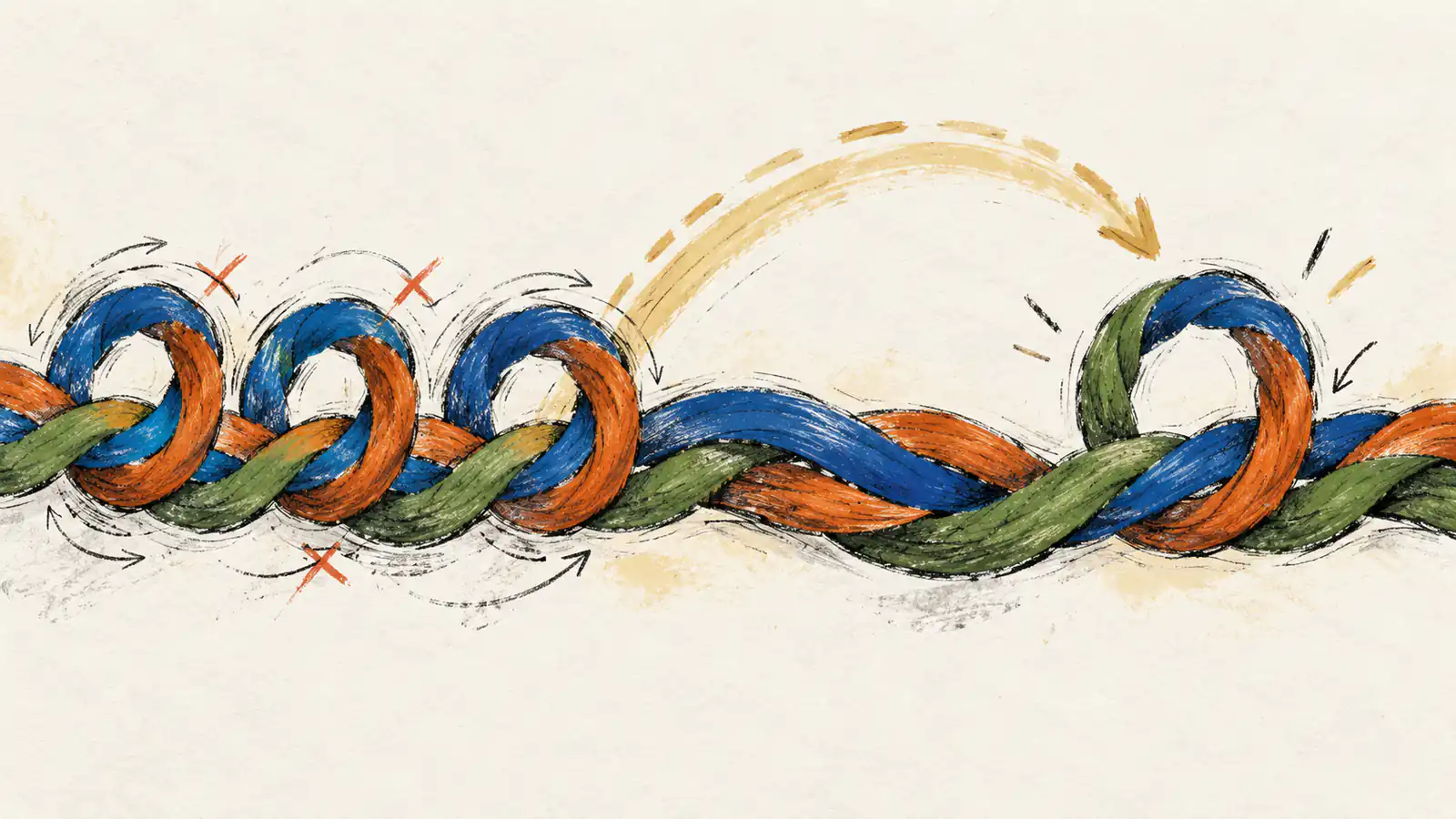A flat hand-drawn braid shows repeated novice practice loops, an automation shortcut and a new oversight loop reconnecting to the main strands.