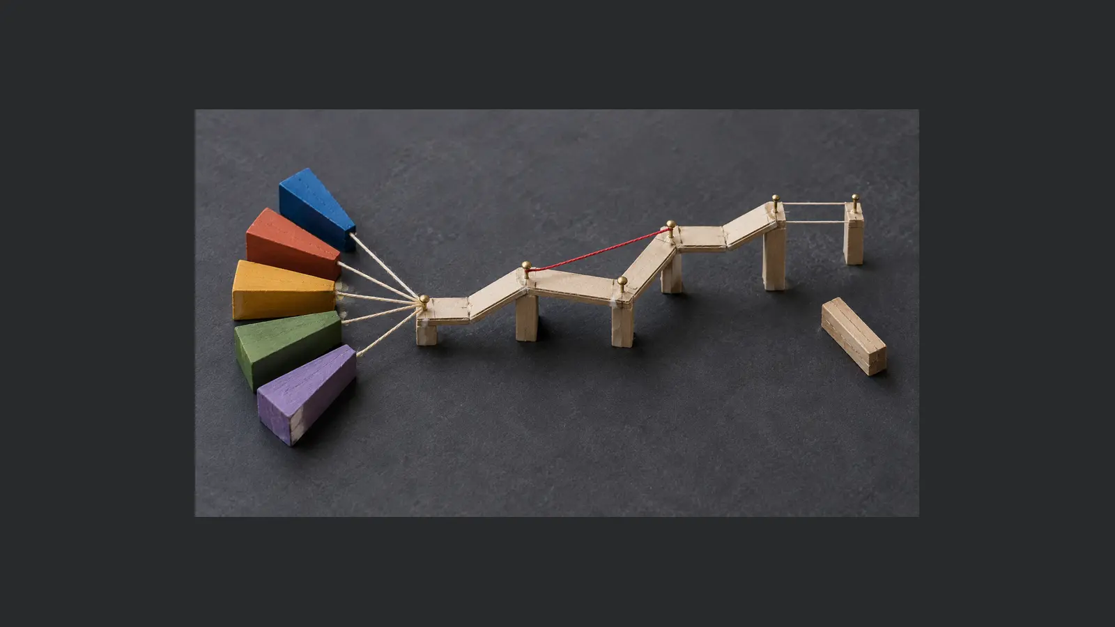 Conceptual AI illustration of five handmade funding wedges feeding one rising cardboard milestone track that ends at an unfinished span.