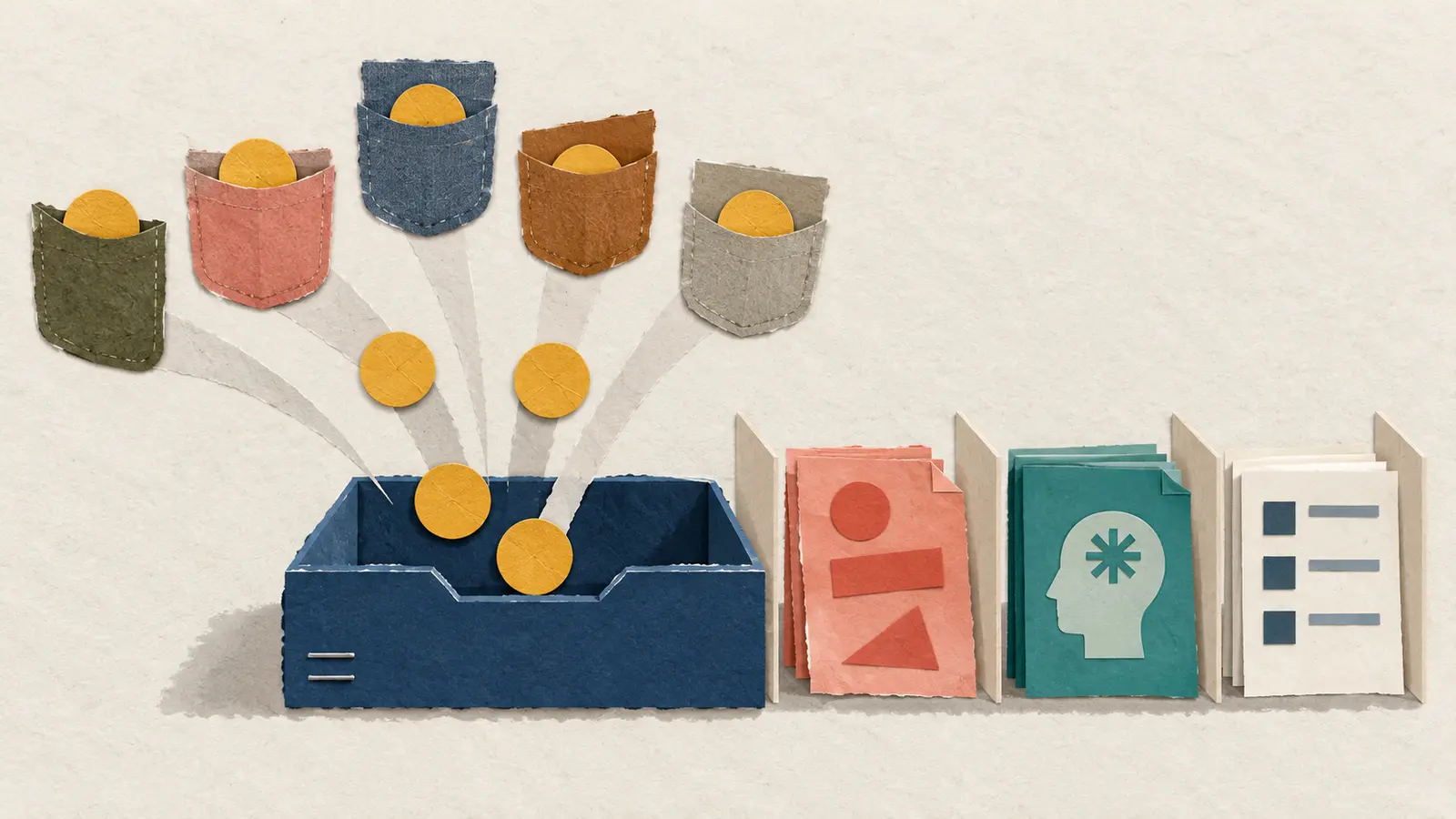 A flat paper collage shows personal coins entering a shared procurement tray beside separated data and training shapes.