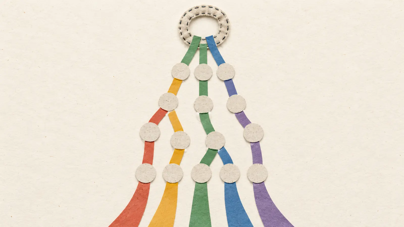 Conceptual flat AI collage: five coloured paper ribbons pass through circular checkpoints, with some stopping before the top cloth loop.