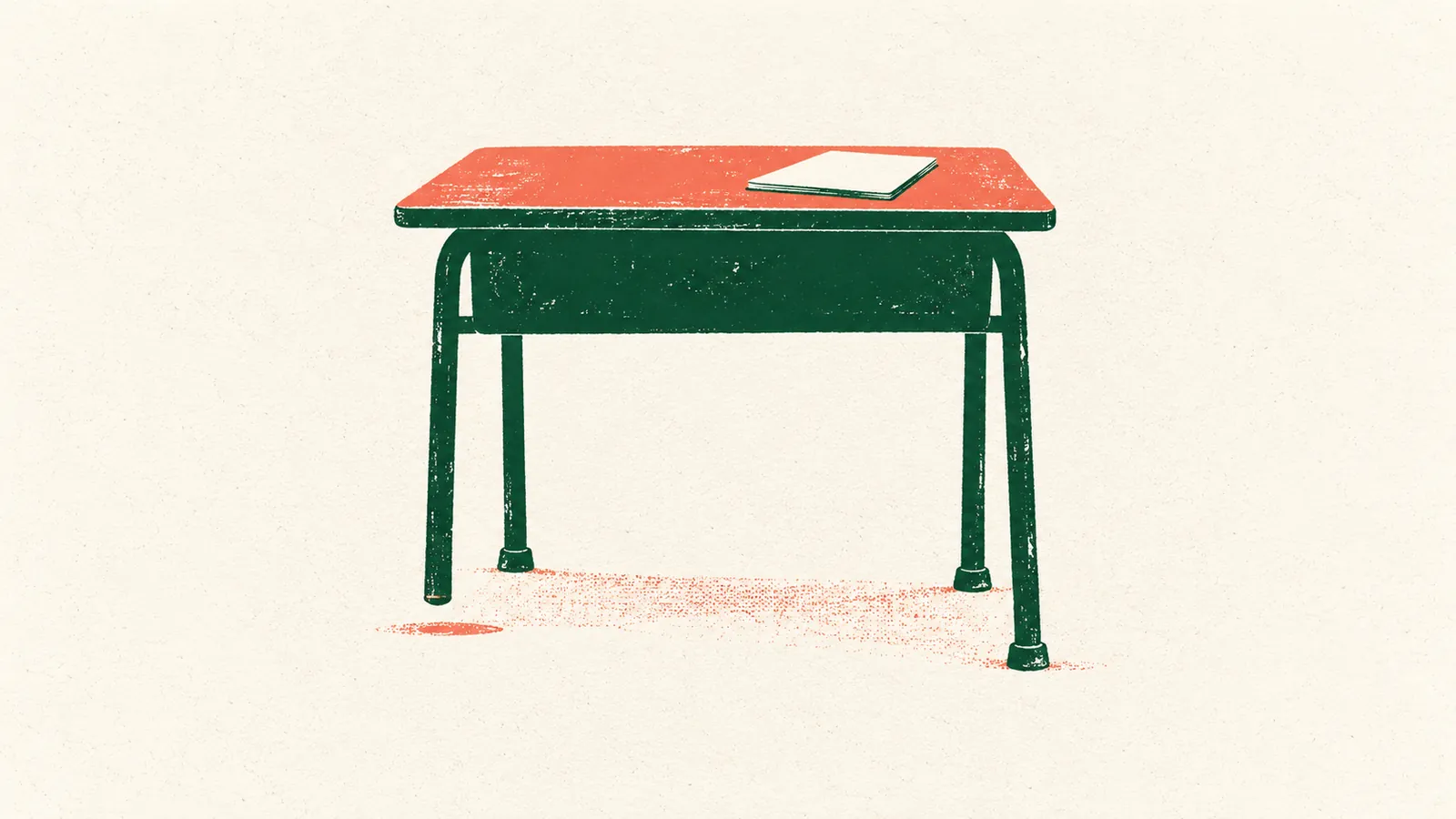 Conceptual AI silkscreen: a blank exercise book rests on a school desk with one short leg ending above the floor.