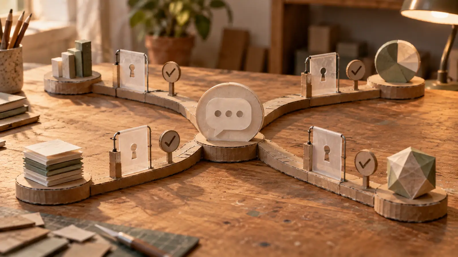 A handmade paper conversation hub branches toward four work outputs, each behind a separate permission gate and approval marker.