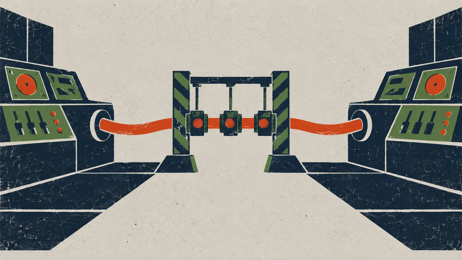A flat linocut shows two opposing control benches linked by one emergency cable passing through three seals.