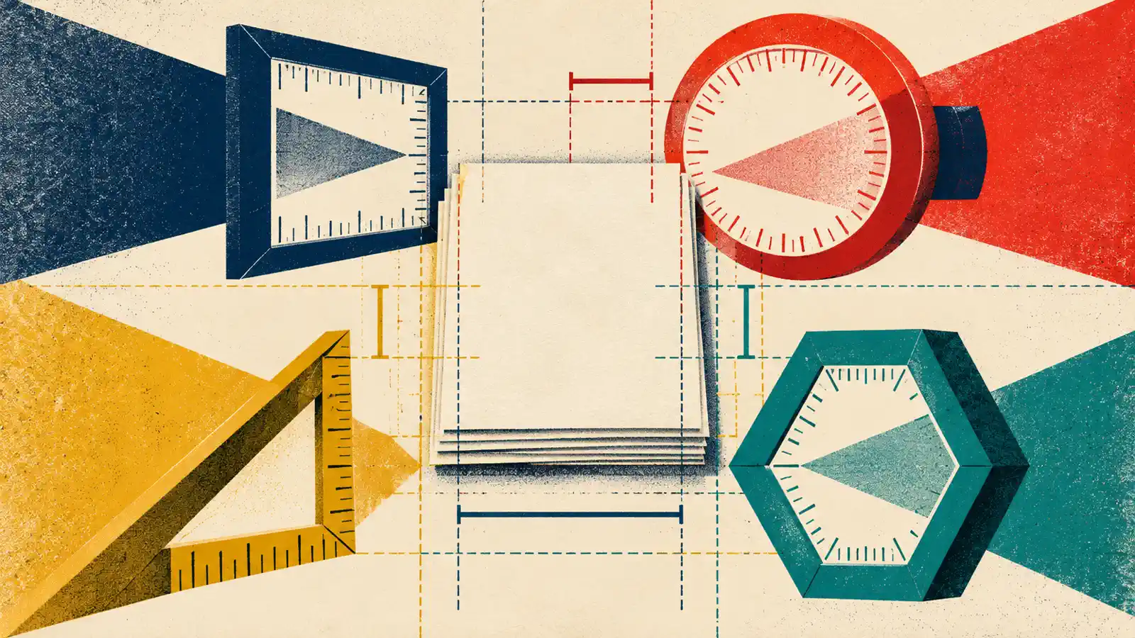 A flat editorial print shows four differently shaped audit frames trying to align around one blank evidence ledger, with a measuring grid exposing gaps between them.