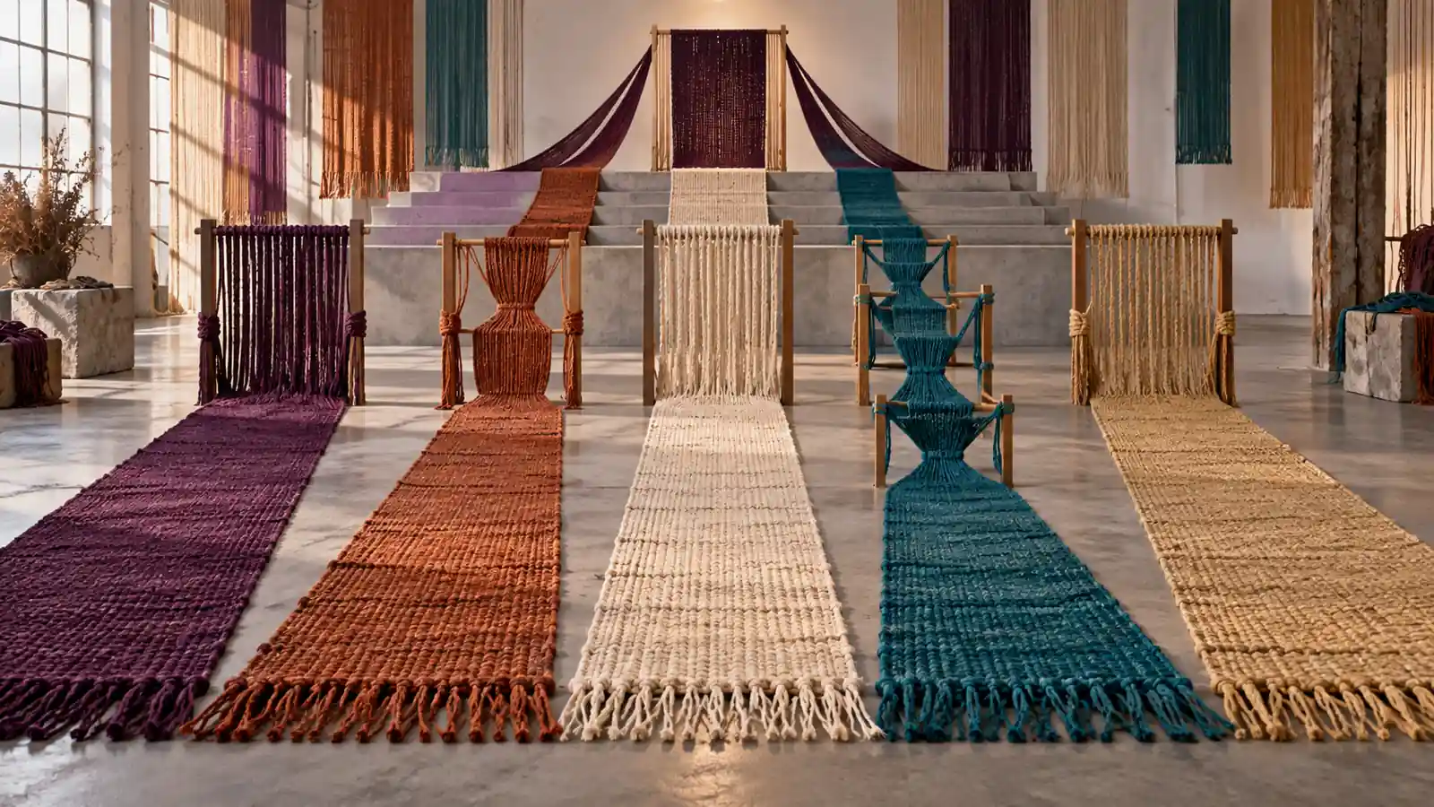 Five full-scale woven career paths approach a platform, with one teal path repeatedly narrowing at separate gates.