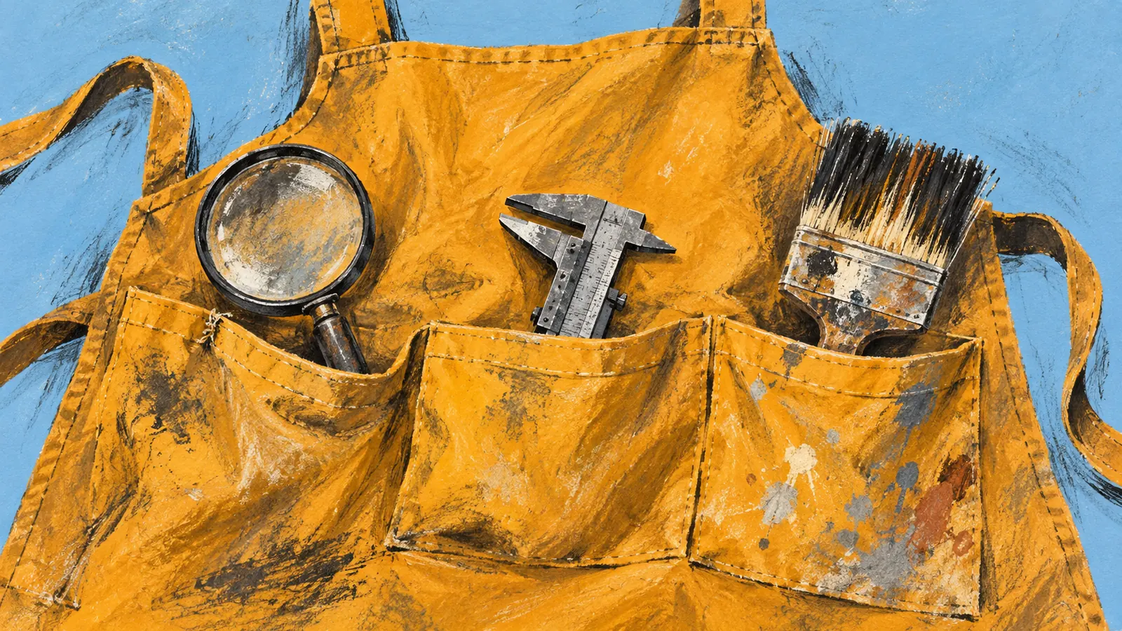 Conceptual AI illustration, hand-painted in gouache, of a worn apron holding different task tools in separate pockets.